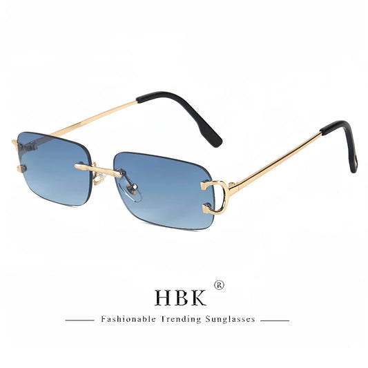 HBK Retro Rimless Sunglasses For Women Men Small Square Gold Frame Brand Design Tea Shades Rectangle UV400 Zonnebril Eyewear