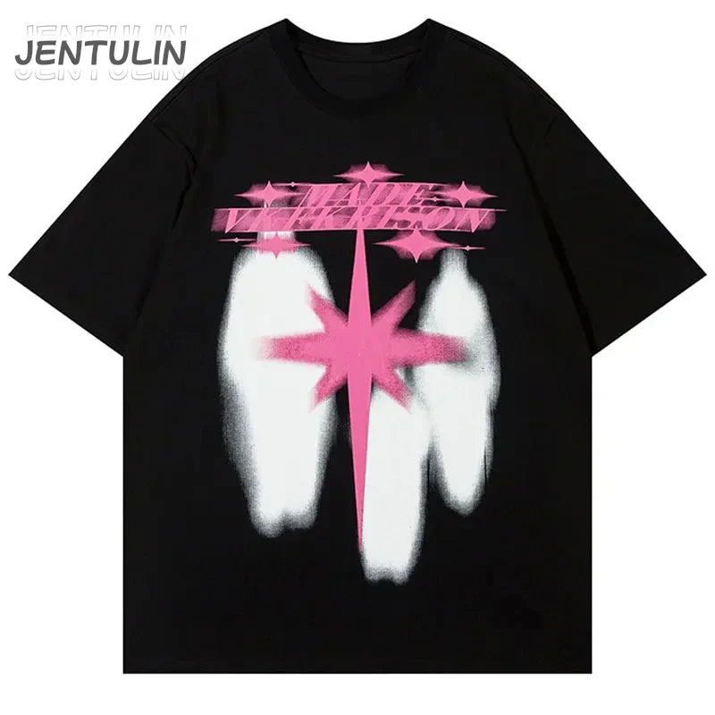 2024 Men T Shirt Streetwear Star Shadow Graphic T-Shirt Hip Hop Oversized Harajuku Tshirt Cotton Unisex Tops Tee Black White Y2K