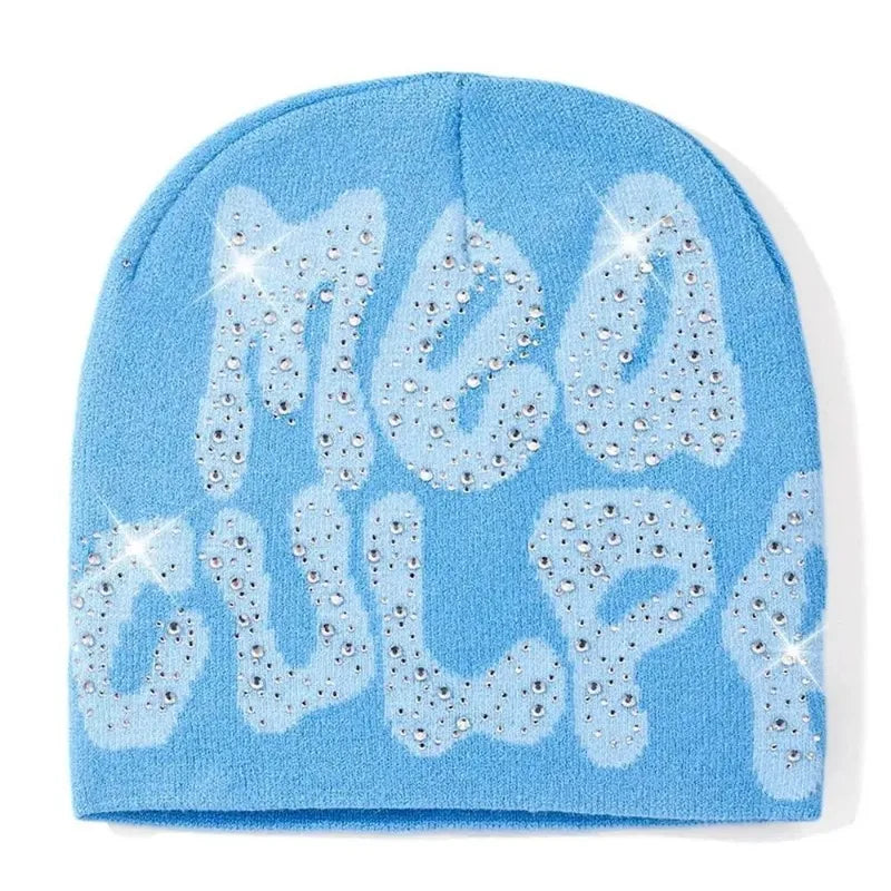 2023 NEW Y2K MEA Culpa Beanies Hat with Rhinestone for Women Men Beanies Hats Hip-hop Soft Stretch Warm Knitted Slouchy Cap