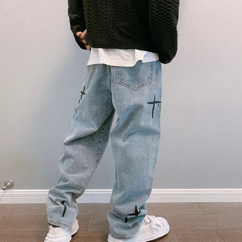 Boyfriend Vintage Fashion Straight Casual Loose Denim Cargo Pants Men Designer Prints Star Jeans Streetwear Loose Wide Leg Jeans