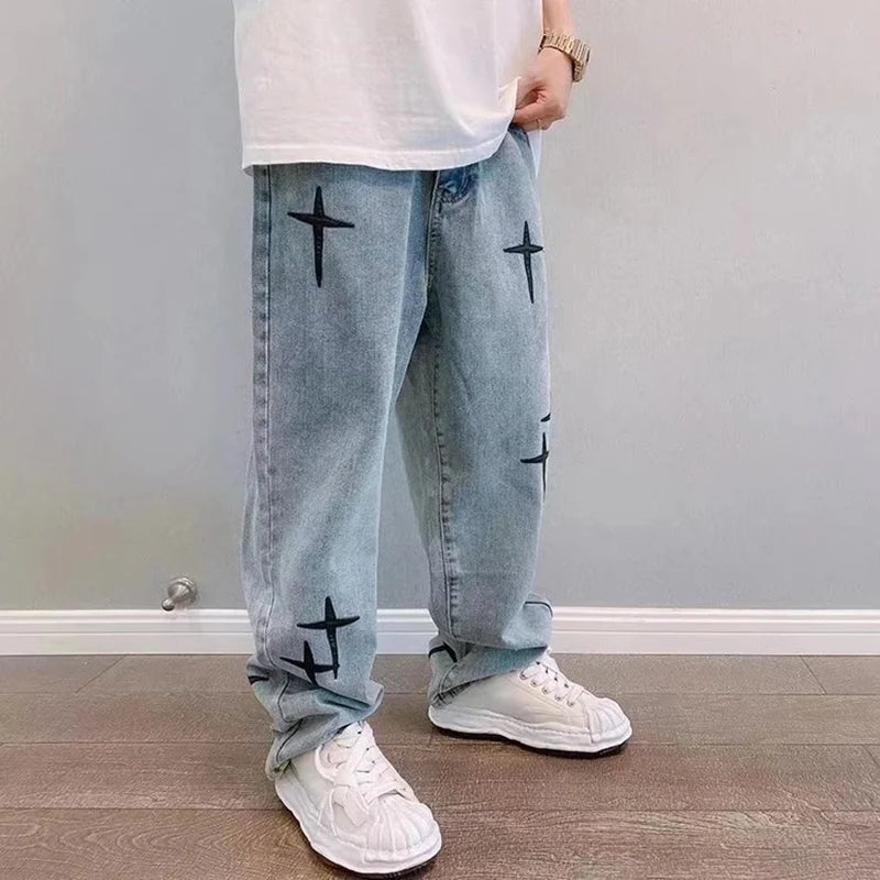 Boyfriend Vintage Fashion Straight Casual Loose Denim Cargo Pants Men Designer Prints Star Jeans Streetwear Loose Wide Leg Jeans