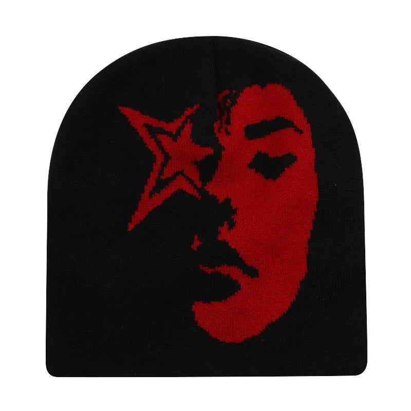 2024 Fashion Face Pattern Beanies Hip Hop Y2K Street Hat Women Men Dance Fire Hell Burn Winter Warm Knitted Bonnet Skiing Hat