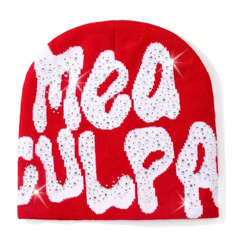 2023 NEW Y2K MEA Culpa Beanies Hat with Rhinestone for Women Men Beanies Hats Hip-hop Soft Stretch Warm Knitted Slouchy Cap