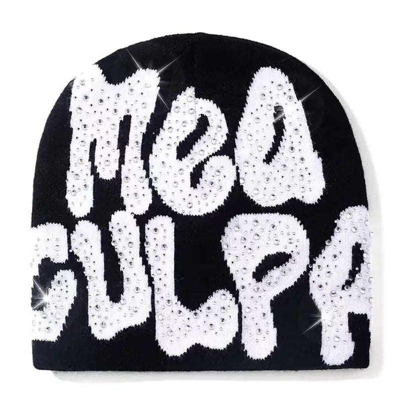 2023 NEW Y2K MEA Culpa Beanies Hat with Rhinestone for Women Men Beanies Hats Hip-hop Soft Stretch Warm Knitted Slouchy Cap