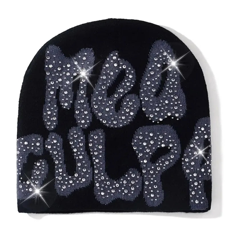 2023 NEW Y2K MEA Culpa Beanies Hat with Rhinestone for Women Men Beanies Hats Hip-hop Soft Stretch Warm Knitted Slouchy Cap