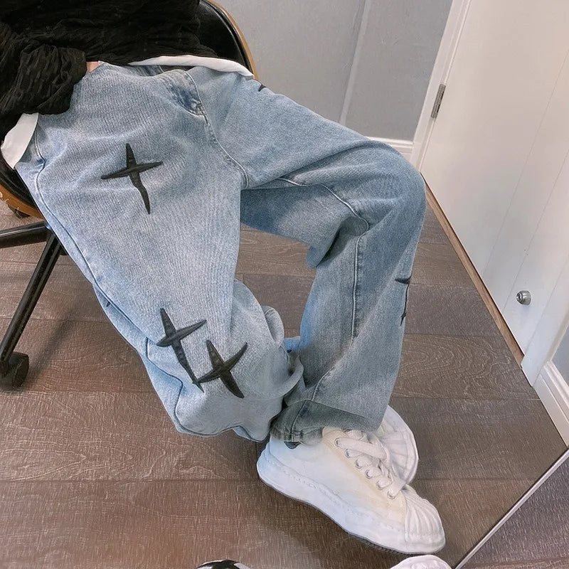 Boyfriend Vintage Fashion Straight Casual Loose Denim Cargo Pants Men Designer Prints Star Jeans Streetwear Loose Wide Leg Jeans