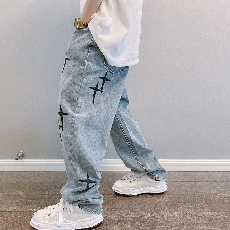 Boyfriend Vintage Fashion Straight Casual Loose Denim Cargo Pants Men Designer Prints Star Jeans Streetwear Loose Wide Leg Jeans