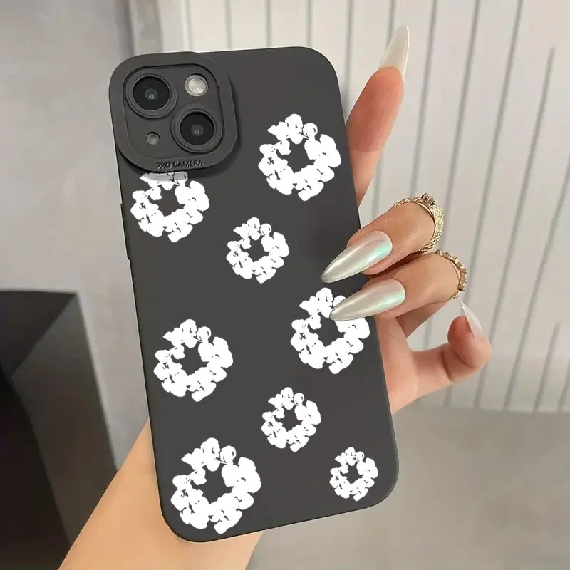 Case For iPhone 16 Cases iPhone 15 11 12 13 14 Pro Max X XS XR 7 8 14 15 Plus Black Stylish Flower Patterned Design Phone Cover