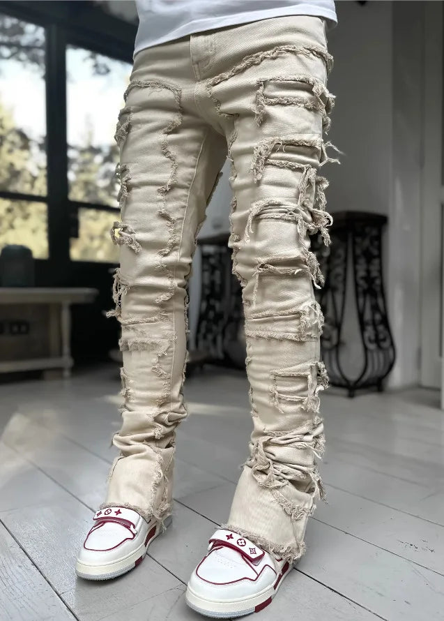 Streetwise Stretch Patch Jeans For Men Bottom Baggy Men's Clothing Summer Solid New Fashion Mid Waist Patchwork Long Pants Male