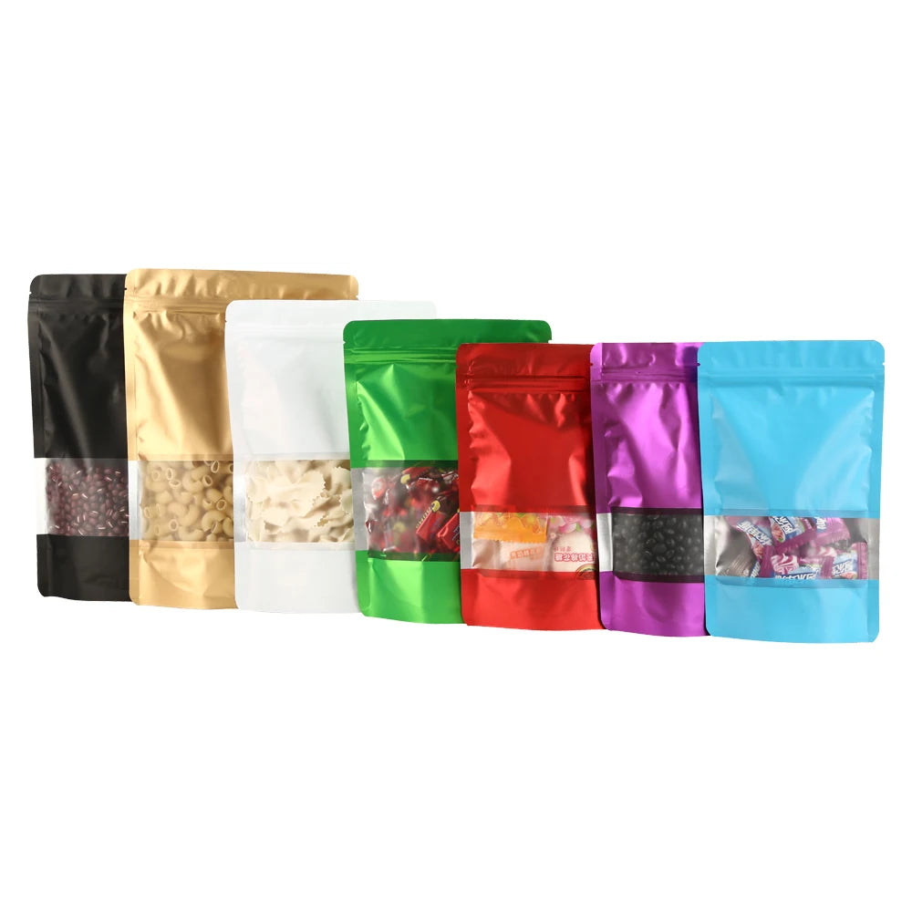 100pcs Colored Standing Up Aluminum Foil Zip Lock Bags with Window - Matt Finish Food Grade Colorful Zipper Resealable Pouches