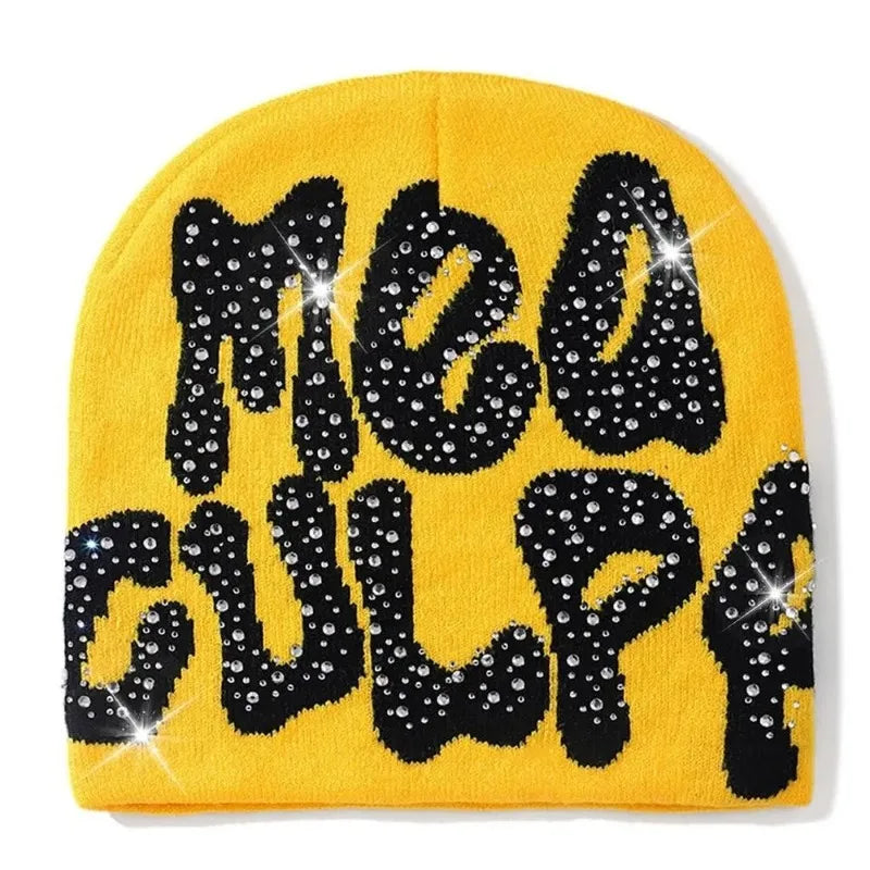 2023 NEW Y2K MEA Culpa Beanies Hat with Rhinestone for Women Men Beanies Hats Hip-hop Soft Stretch Warm Knitted Slouchy Cap