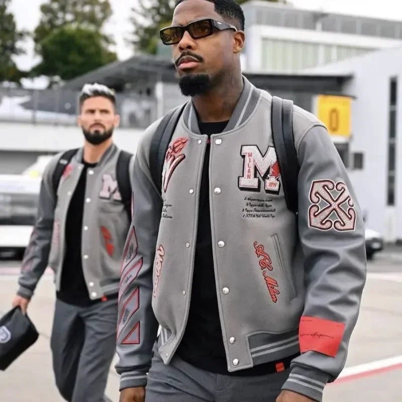 Trendy Soccer Fashion New Men's Embroidered Bomber Jacket Hip Hop Letter Splicing Leather Baseball Clothing Y2K Jacket