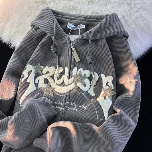 Fashion Embroidery Zip Up Hoodies Women Autumn Long Sleeve Tops Loose Hood Shirt Harajuku Y2K Clothes Female Sweatshirt Jacket