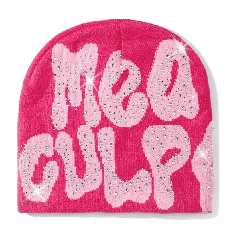 2023 NEW Y2K MEA Culpa Beanies Hat with Rhinestone for Women Men Beanies Hats Hip-hop Soft Stretch Warm Knitted Slouchy Cap