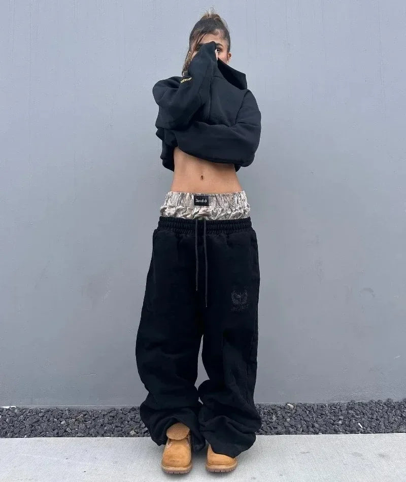 Y2K pants vintage Harajuku double Embroidered waist Sweatpants Men Wome Hip Hop Casual High waisted Wide Leg Pants Streetwear