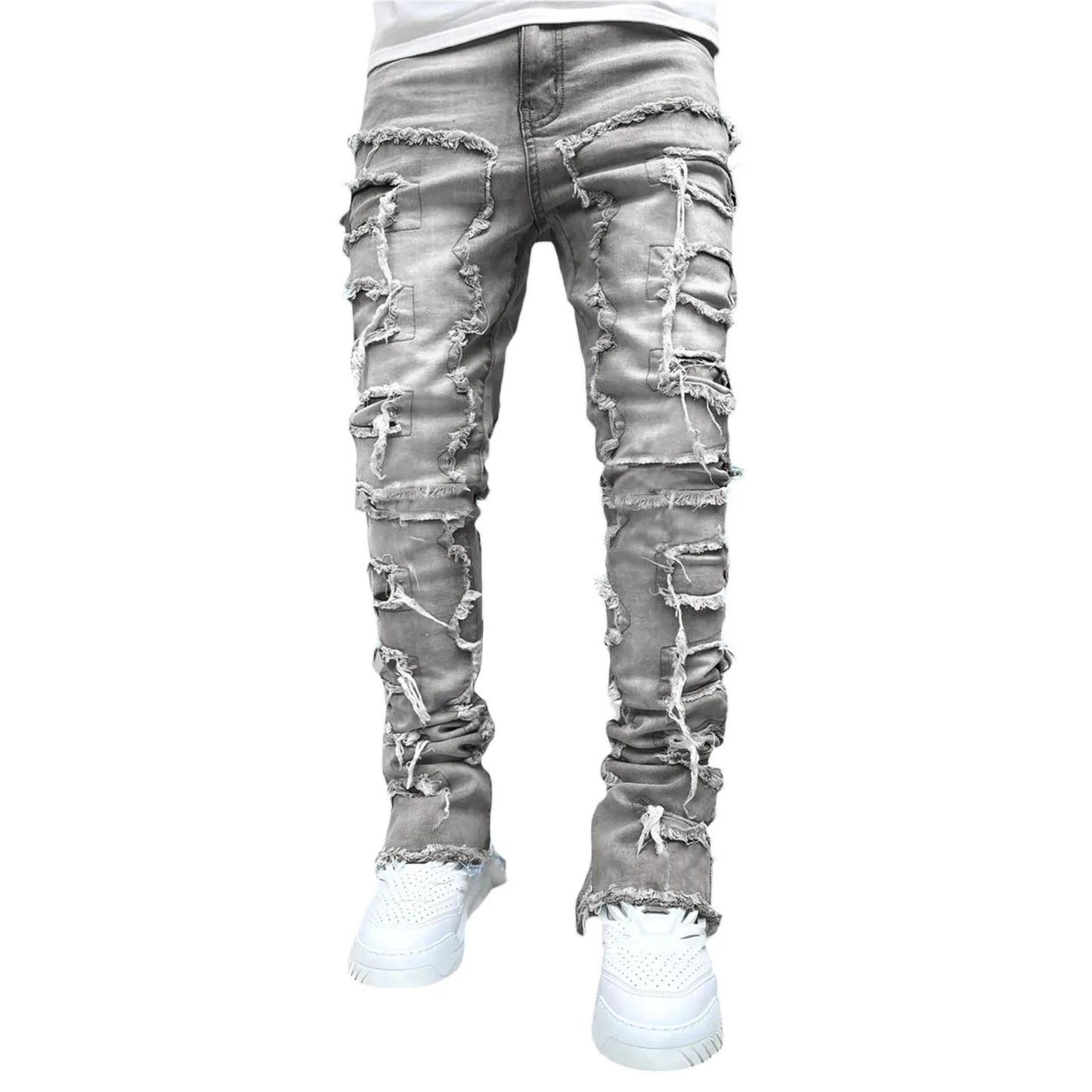 Streetwise Stretch Patch Jeans For Men Bottom Baggy Men's Clothing Summer Solid New Fashion Mid Waist Patchwork Long Pants Male