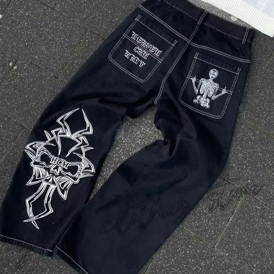 Y2K Jeans Mens Hip Hop Retro Skull Embroidery Washed Baggy Denim Pants New Straight Casual Loose Wide Leg Trouser Streetwear